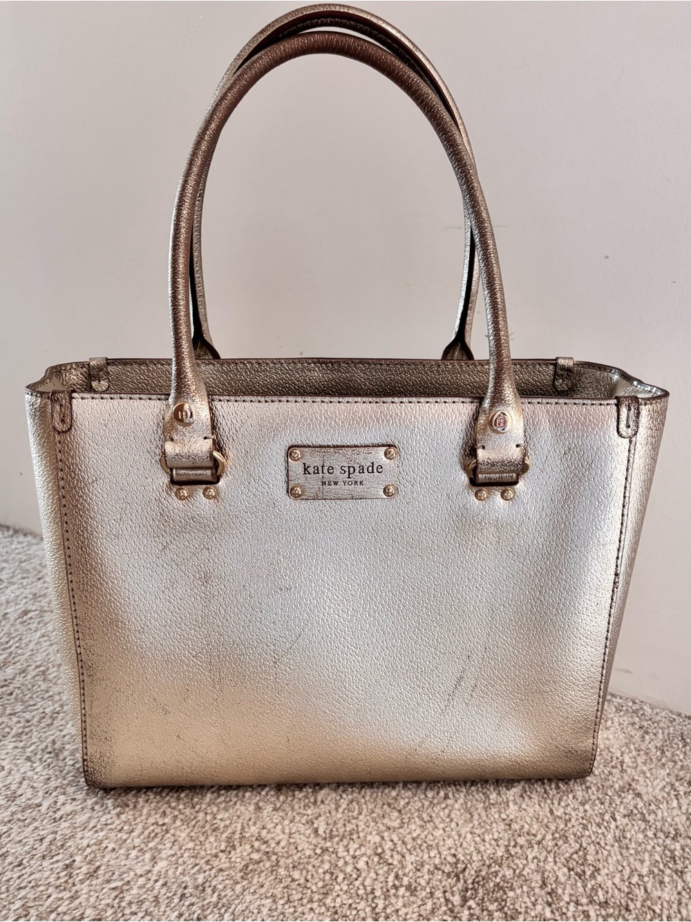 Kate Spade Quinn Metallic Gold Double Handle Tote Bag 12 X 9.5 X 4.5